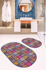 - RealHomes - Realhomes  Kareli Etnik Motifli Özel Tasarımlı 2'li Oval Kaymaz Tabanlı Banyo & Mutfak Paspas Takımı Realhomes