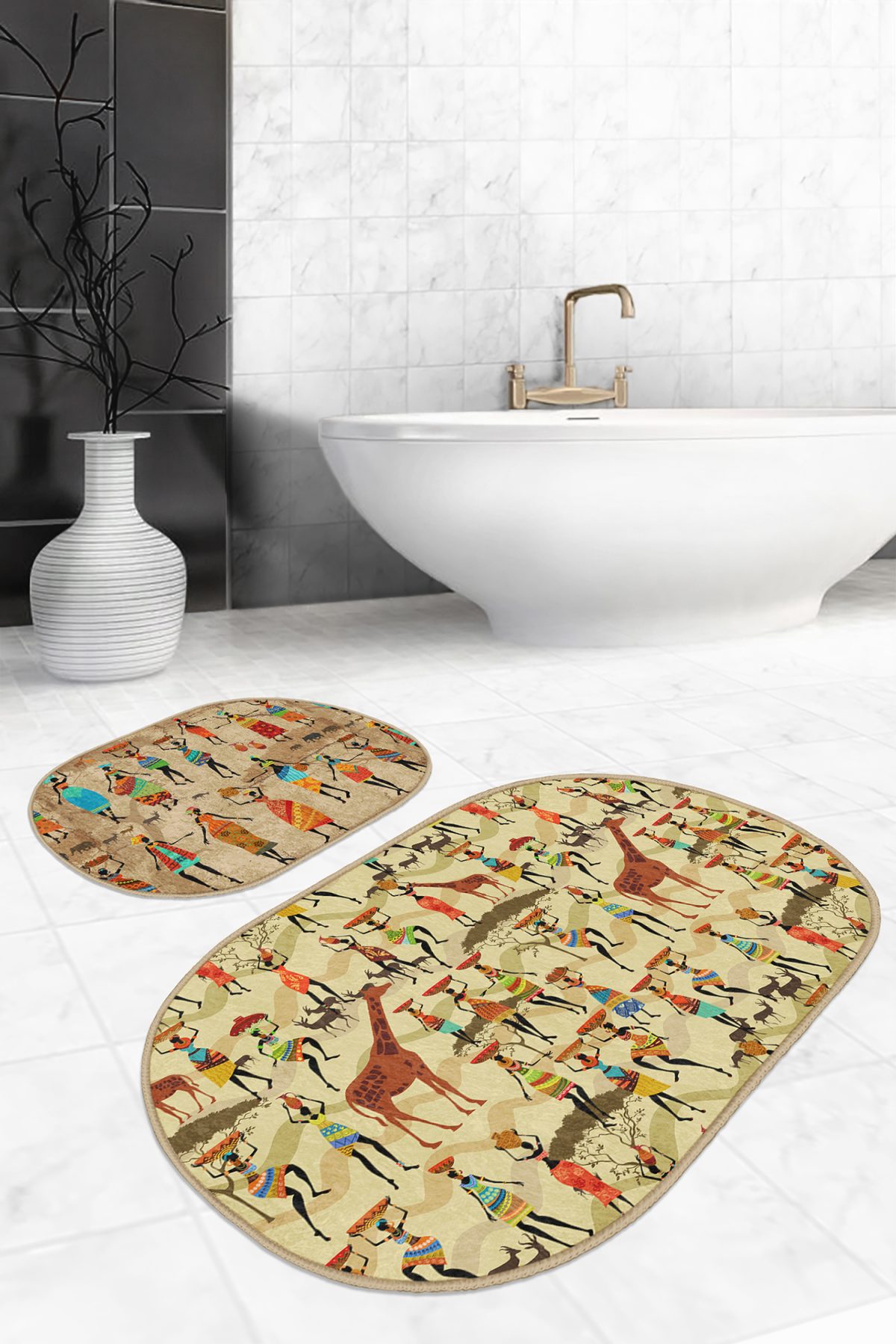Etnik Afrika Figürlü Dijital Baskılı 2'li Oval Kaymaz Tabanlı Banyo & Mutfak Paspas Takımı Realhomes
