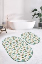 - RealHomes - Realhomes  Minyatür Kaktüs Tasarımlı Dijital Baskılı 2'li Oval Kaymaz Tabanlı Banyo & Mutfak Paspas Takımı Realhomes