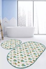 - RealHomes - Realhomes  Minyatür Kaktüs Tasarımlı Dijital Baskılı 2'li Oval Kaymaz Tabanlı Banyo & Mutfak Paspas Takımı Realhomes