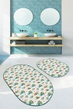 - RealHomes - Realhomes  Minyatür Kaktüs Tasarımlı Dijital Baskılı 2'li Oval Kaymaz Tabanlı Banyo & Mutfak Paspas Takımı Realhomes