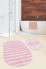 - RealHomes - Realhomes  Pembe Çizgili Ananas Motifli 2'li Oval Kaymaz Tabanlı Banyo & Mutfak Paspas Takımı Realhomes