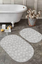 - RealHomes - Realhomes Gri Zemin Kar Taneleri Dijital Baskılı 2'li Oval Kaymaz Tabanlı Banyo & Mutfak Paspas Takımı Realhomes