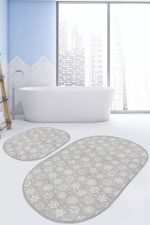 - RealHomes - Realhomes Gri Zemin Kar Taneleri Dijital Baskılı 2'li Oval Kaymaz Tabanlı Banyo & Mutfak Paspas Takımı Realhomes