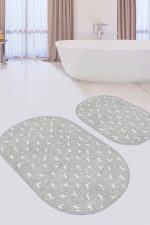 - RealHomes - Realhomes  Gri Zemin Geyik Desenli Özel Tasarım 2'li Oval Kaymaz Tabanlı Banyo & Mutfak Paspas Takımı Realhomes