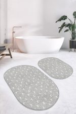 - RealHomes - Realhomes  Gri Zemin Geyik Desenli Özel Tasarım 2'li Oval Kaymaz Tabanlı Banyo & Mutfak Paspas Takımı Realhomes