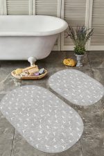 - RealHomes - Realhomes  Gri Zemin Geyik Desenli Özel Tasarım 2'li Oval Kaymaz Tabanlı Banyo & Mutfak Paspas Takımı Realhomes