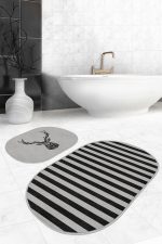 - RealHomes - Realhomes  Gri Siyah Çizgili Geyik Motifli 2'li Oval Kaymaz Tabanlı Banyo & Mutfak Paspas Takımı Realhomes