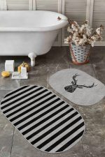 - RealHomes - Realhomes  Gri Siyah Çizgili Geyik Motifli 2'li Oval Kaymaz Tabanlı Banyo & Mutfak Paspas Takımı Realhomes