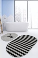- RealHomes - Realhomes  Gri Siyah Çizgili Geyik Motifli 2'li Oval Kaymaz Tabanlı Banyo & Mutfak Paspas Takımı Realhomes