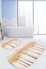 - RealHomes - Realhomes  Sonbahar Temalı Turuncu Kavak Ağaçları 2'li Oval Kaymaz Tabanlı Banyo & Mutfak Paspas Takımı Realhomes