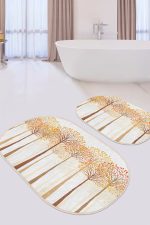 - RealHomes - Realhomes  Sonbahar Temalı Turuncu Kavak Ağaçları 2'li Oval Kaymaz Tabanlı Banyo & Mutfak Paspas Takımı Realhomes