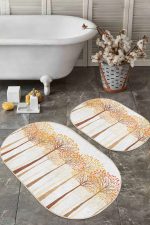 - RealHomes - Realhomes  Sonbahar Temalı Turuncu Kavak Ağaçları 2'li Oval Kaymaz Tabanlı Banyo & Mutfak Paspas Takımı Realhomes