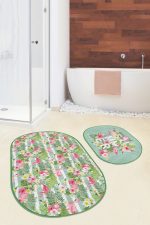 - RealHomes - Realhomes Summer Temalı Flamingo Tasarımlı 2'li Oval Kaymaz Tabanlı Banyo & Mutfak Paspas Takımı Realhomes