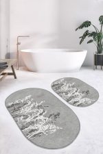 - RealHomes - Realhomes  Gri Zemin Bitki Tasarımlı 2'li Oval Kaymaz Tabanlı Banyo & Mutfak Paspas Takımı Realhomes
