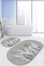- RealHomes - Realhomes  Gri Zemin Bitki Tasarımlı 2'li Oval Kaymaz Tabanlı Banyo & Mutfak Paspas Takımı Realhomes
