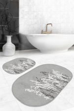 - RealHomes - Realhomes  Gri Zemin Bitki Tasarımlı 2'li Oval Kaymaz Tabanlı Banyo & Mutfak Paspas Takımı Realhomes