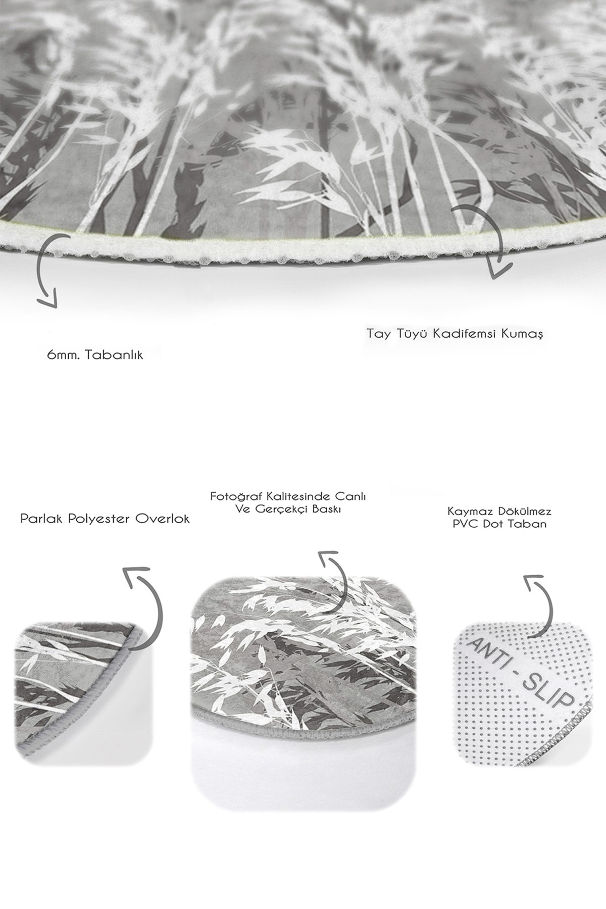 Gri Zemin Bitki Tasarımlı 2'li Oval Kaymaz Tabanlı Banyo & Mutfak Paspas Takımı Realhomes