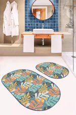 - RealHomes - Realhomes  Renkli Tropik Yapraklar Dijital Baskılı 2'li Oval Kaymaz Tabanlı Banyo & Mutfak Paspas Takımı Realhomes