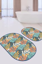 - RealHomes - Realhomes  Renkli Tropik Yapraklar Dijital Baskılı 2'li Oval Kaymaz Tabanlı Banyo & Mutfak Paspas Takımı Realhomes