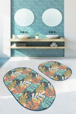 - RealHomes - Realhomes  Renkli Tropik Yapraklar Dijital Baskılı 2'li Oval Kaymaz Tabanlı Banyo & Mutfak Paspas Takımı Realhomes