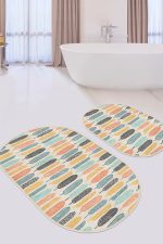 - RealHomes - Realhomes  Renkli Uzun Tropik Yapraklar Özel Tasarım 2'li Oval Kaymaz Tabanlı Banyo & Mutfak Paspas Takımı Realhomes