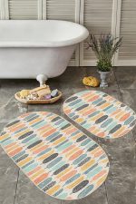 - RealHomes - Realhomes  Renkli Uzun Tropik Yapraklar Özel Tasarım 2'li Oval Kaymaz Tabanlı Banyo & Mutfak Paspas Takımı Realhomes