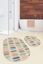 - RealHomes - Realhomes  Renkli Uzun Tropik Yapraklar Özel Tasarım 2'li Oval Kaymaz Tabanlı Banyo & Mutfak Paspas Takımı Realhomes