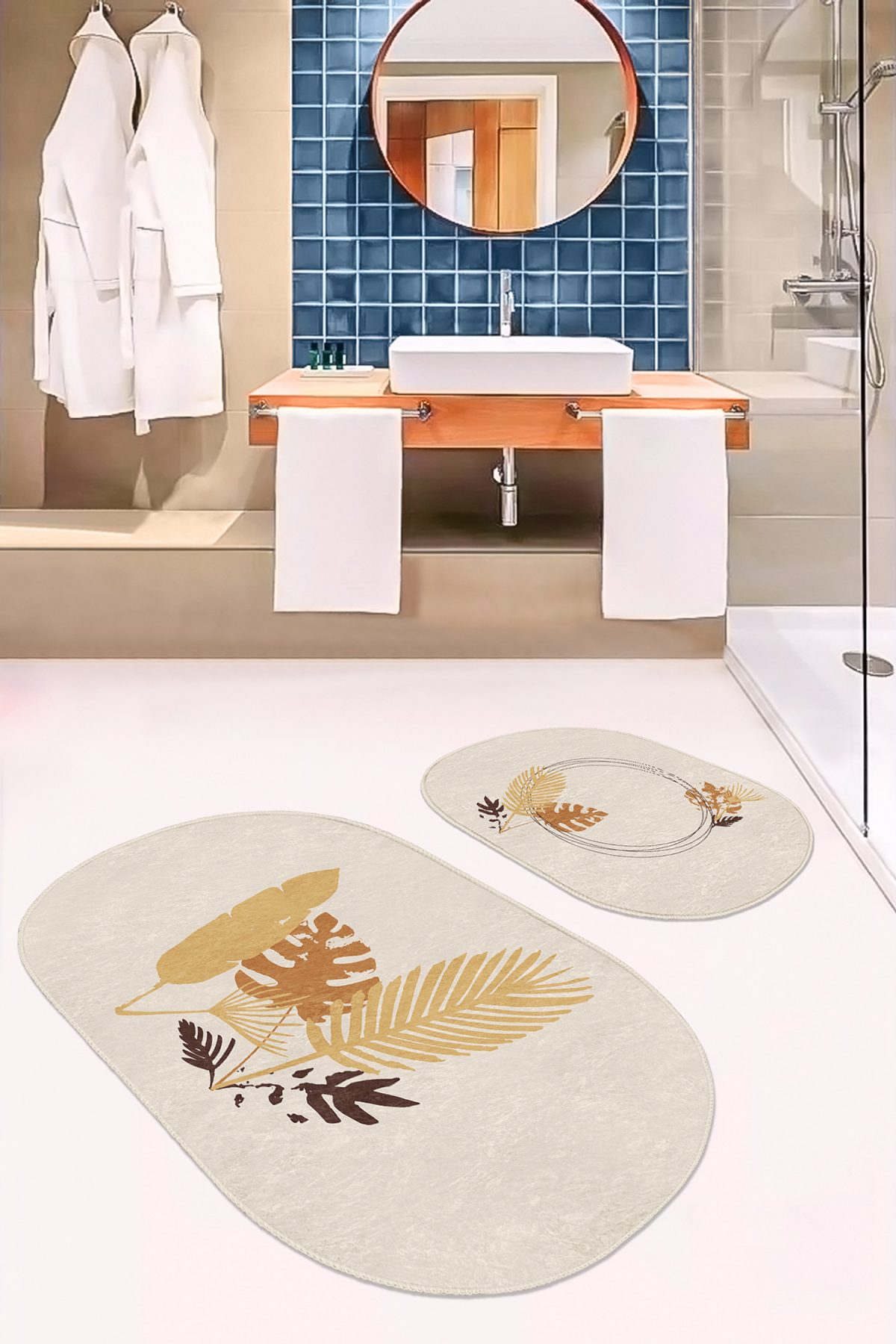 Krem Zemin Tropik Yaprak Tasarımlı 2'li Oval Kaymaz Tabanlı Banyo & Mutfak Paspas Takımı Realhomes