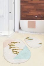 - RealHomes - Realhomes  Soft Renkli Gold Detaylı Hello Temalı 2'li Oval Kaymaz Tabanlı Banyo & Mutfak Paspas Takımı Realhomes