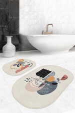 - RealHomes - Realhomes  Soyut Tasarımlı Dijital Baskılı 2'li Oval Kaymaz Tabanlı Banyo & Mutfak Paspas Takımı Realhomes