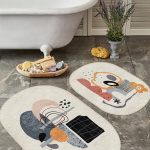 Gri Zigzag Motifli Dijital Baskılı Flamingo Motifli 2'li Oval Kaymaz Tabanlı Banyo & Mutfak Paspas Takımı Realhomes