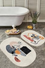 - RealHomes - Realhomes  Soyut Tasarımlı Dijital Baskılı 2'li Oval Kaymaz Tabanlı Banyo & Mutfak Paspas Takımı Realhomes