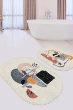 - RealHomes - Realhomes  Soyut Tasarımlı Dijital Baskılı 2'li Oval Kaymaz Tabanlı Banyo & Mutfak Paspas Takımı Realhomes