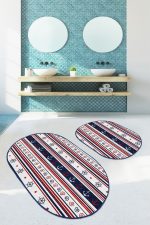 - RealHomes - Realhomes  Lacivert Bordo Denizci Temalı Dijital Baskılı 2'li Oval Kaymaz Tabanlı Banyo & Mutfak Paspas Takımı Realhomes