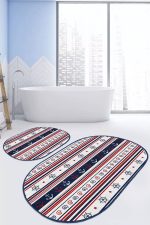 - RealHomes - Realhomes  Lacivert Bordo Denizci Temalı Dijital Baskılı 2'li Oval Kaymaz Tabanlı Banyo & Mutfak Paspas Takımı Realhomes