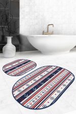 - RealHomes - Realhomes  Lacivert Bordo Denizci Temalı Dijital Baskılı 2'li Oval Kaymaz Tabanlı Banyo & Mutfak Paspas Takımı Realhomes