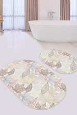 - RealHomes - Realhomes  Kurumu Renkli Sonbahar Yaprakları Özel Tasarım 2'li Oval Kaymaz Tabanlı Banyo & Mutfak Paspas Takımı Realhomes