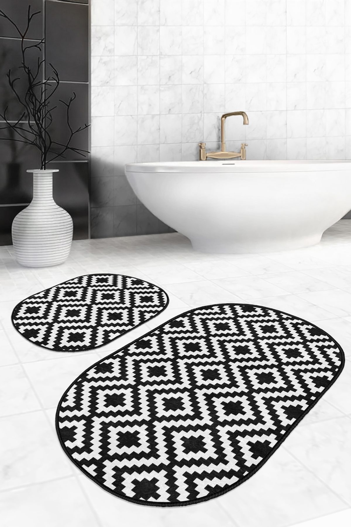 Siyah Beyaz Mozaik Desenli Dijital Baskılı 2'li Oval Kaymaz Tabanlı Banyo & Mutfak Paspas Takımı Realhomes