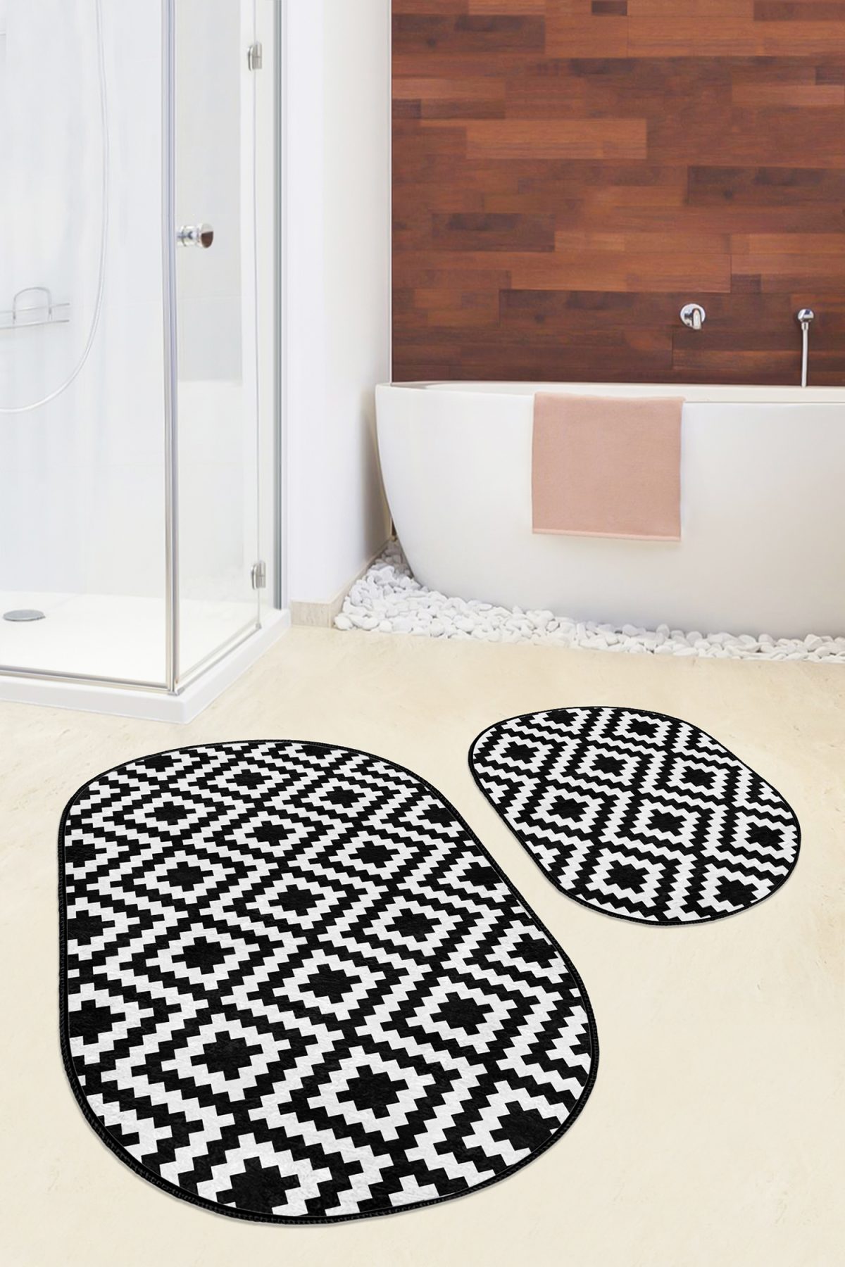 Siyah Beyaz Mozaik Desenli Dijital Baskılı 2'li Oval Kaymaz Tabanlı Banyo & Mutfak Paspas Takımı Realhomes