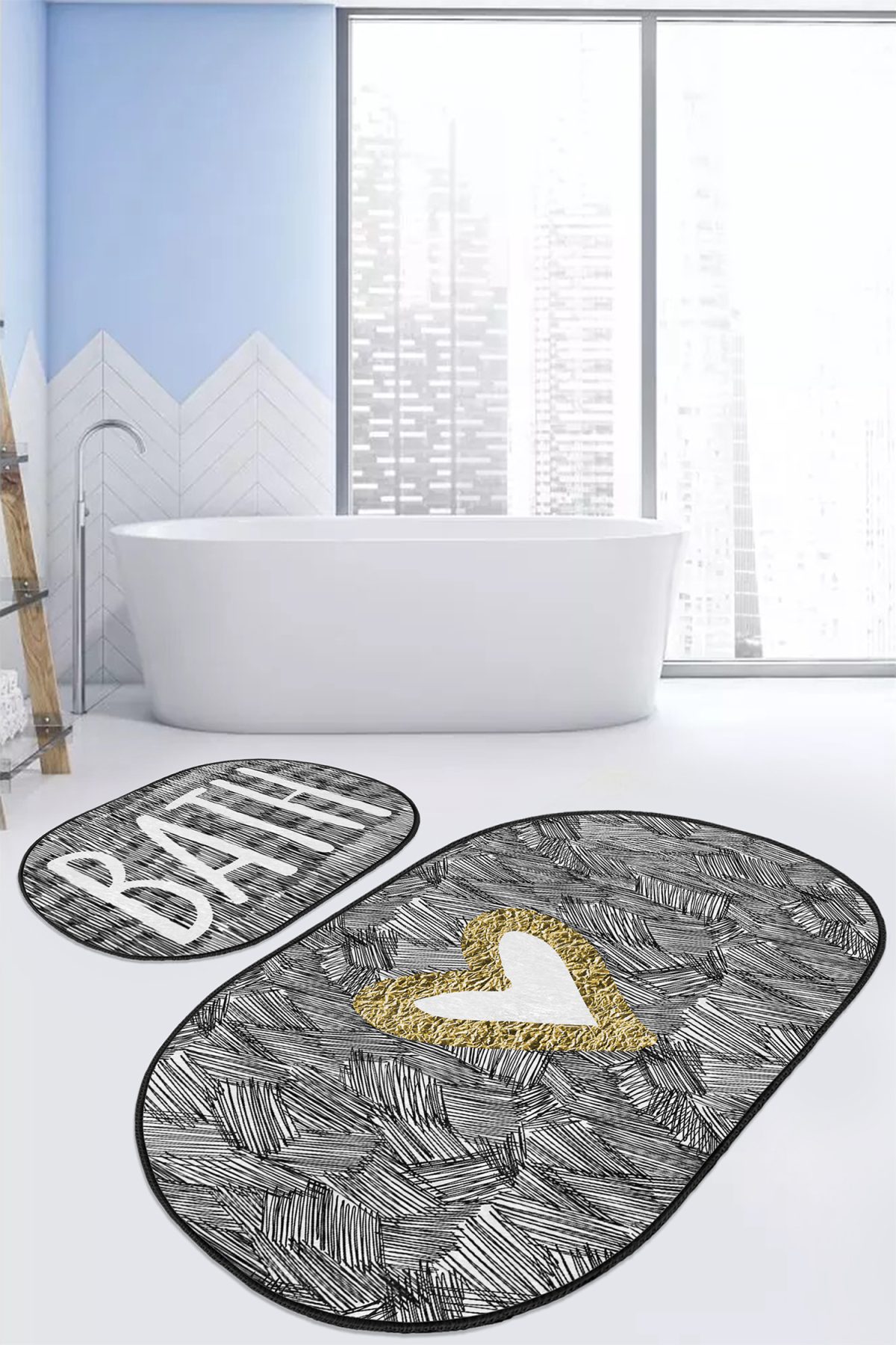 Siyah Fırça İzleri Kalp Detaylı 2'li Oval Kaymaz Tabanlı Banyo & Mutfak Paspas Takımı Realhomes
