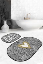 - RealHomes - Realhomes  Siyah Fırça İzleri Kalp Detaylı 2'li Oval Kaymaz Tabanlı Banyo & Mutfak Paspas Takımı Realhomes