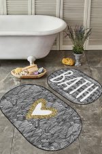 - RealHomes - Realhomes  Siyah Fırça İzleri Kalp Detaylı 2'li Oval Kaymaz Tabanlı Banyo & Mutfak Paspas Takımı Realhomes