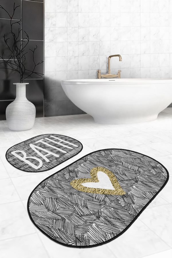 - RealHomes - Realhomes  Siyah Beyaz İskandinav Motifli Dijital Baskılı 2'li Oval Kaymaz Tabanlı Banyo & Mutfak Paspas Takımı Realhomes