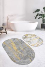 - RealHomes - Realhomes  Gri Beyaz Mermer Motifli Dijital Baskılı 2'li Oval Kaymaz Tabanlı Banyo & Mutfak Paspas Takımı Realhomes