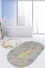 - RealHomes - Realhomes  Gri Beyaz Mermer Motifli Dijital Baskılı 2'li Oval Kaymaz Tabanlı Banyo & Mutfak Paspas Takımı Realhomes