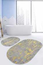 - RealHomes - Realhomes  Gri Gold Detaylı Mermer Motifli 2'li Oval Kaymaz Tabanlı Banyo & Mutfak Paspas Takımı Realhomes