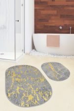 - RealHomes - Realhomes  Gri Gold Detaylı Mermer Motifli 2'li Oval Kaymaz Tabanlı Banyo & Mutfak Paspas Takımı Realhomes