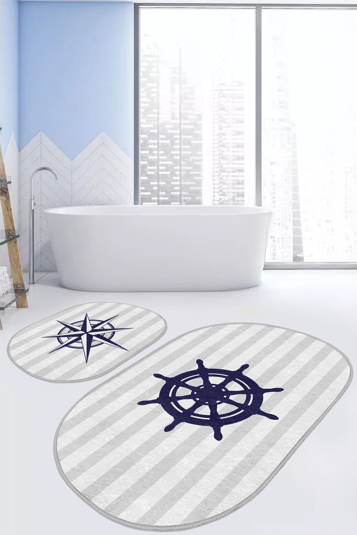 Gri Çizgili Pusula & Dümen Tasarımlı 2'li Oval Kaymaz Tabanlı Banyo & Mutfak Paspas Takımı Realhomes
