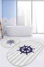 - RealHomes - Realhomes  Gri Çizgili Pusula & Dümen Tasarımlı 2'li Oval Kaymaz Tabanlı Banyo & Mutfak Paspas Takımı Realhomes